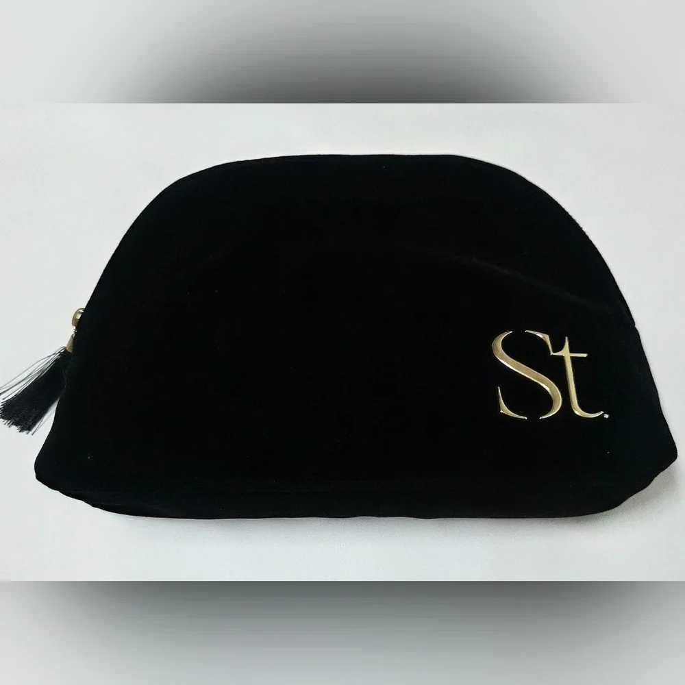 Seint Black Velvet Makeup Bag Cosmetic Pouch Gold Zip Travel Case 10”